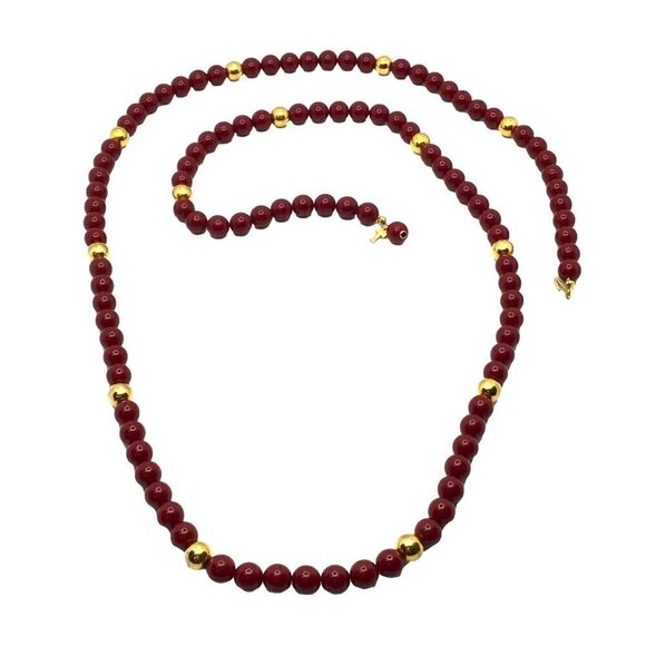 Trifari Beaded Necklace Dark Red Gold Tone 37 Inch Length - Picture 1 of 3